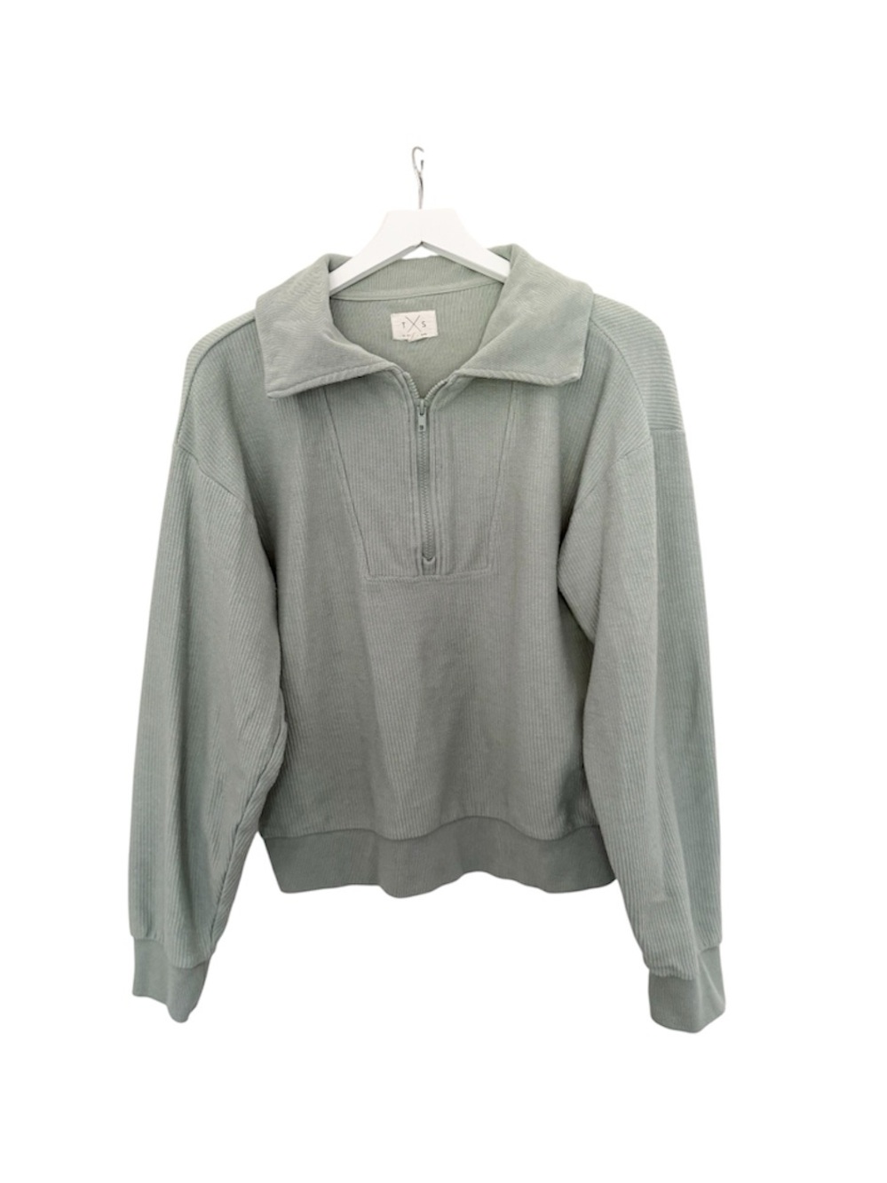 Thread & Supply Light Green Ribbed Quarter Zip Pullover Sweatshirt Size Large